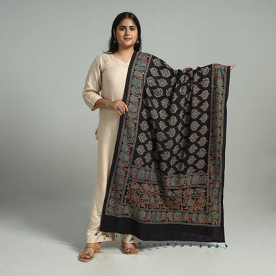 Black - Block Printed Cotton Ajrakh Dupatta with Tassels 11