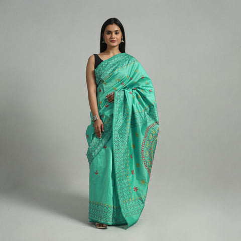 Green - Handcrafted Bengal Nakshi Kantha Work Silk Saree 47