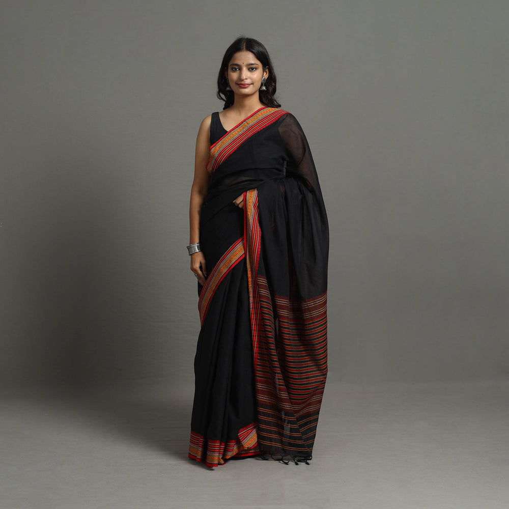 Black - Bengal Handwoven Cotton Plain Begampuri Saree 23