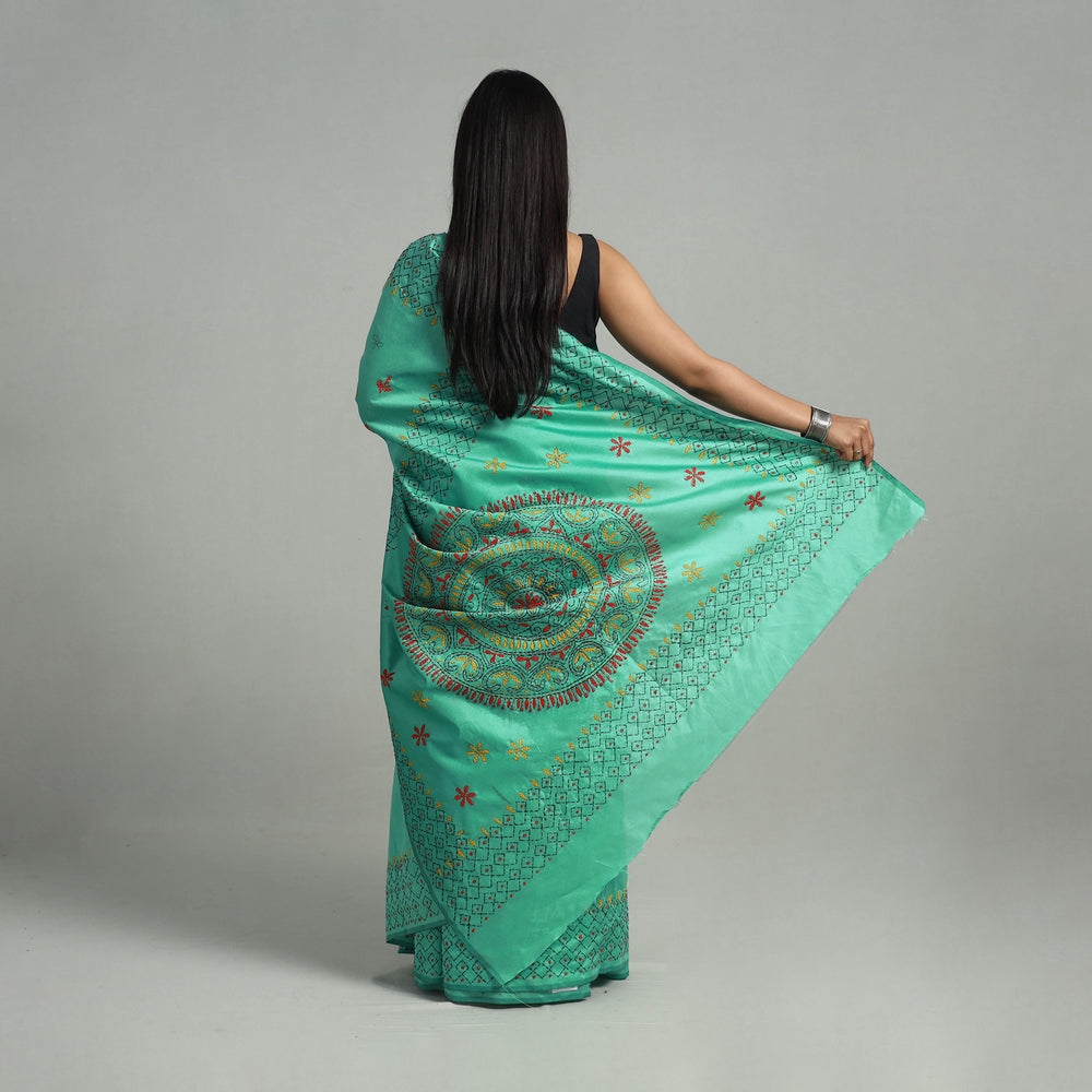 Green - Handcrafted Bengal Nakshi Kantha Work Silk Saree 47