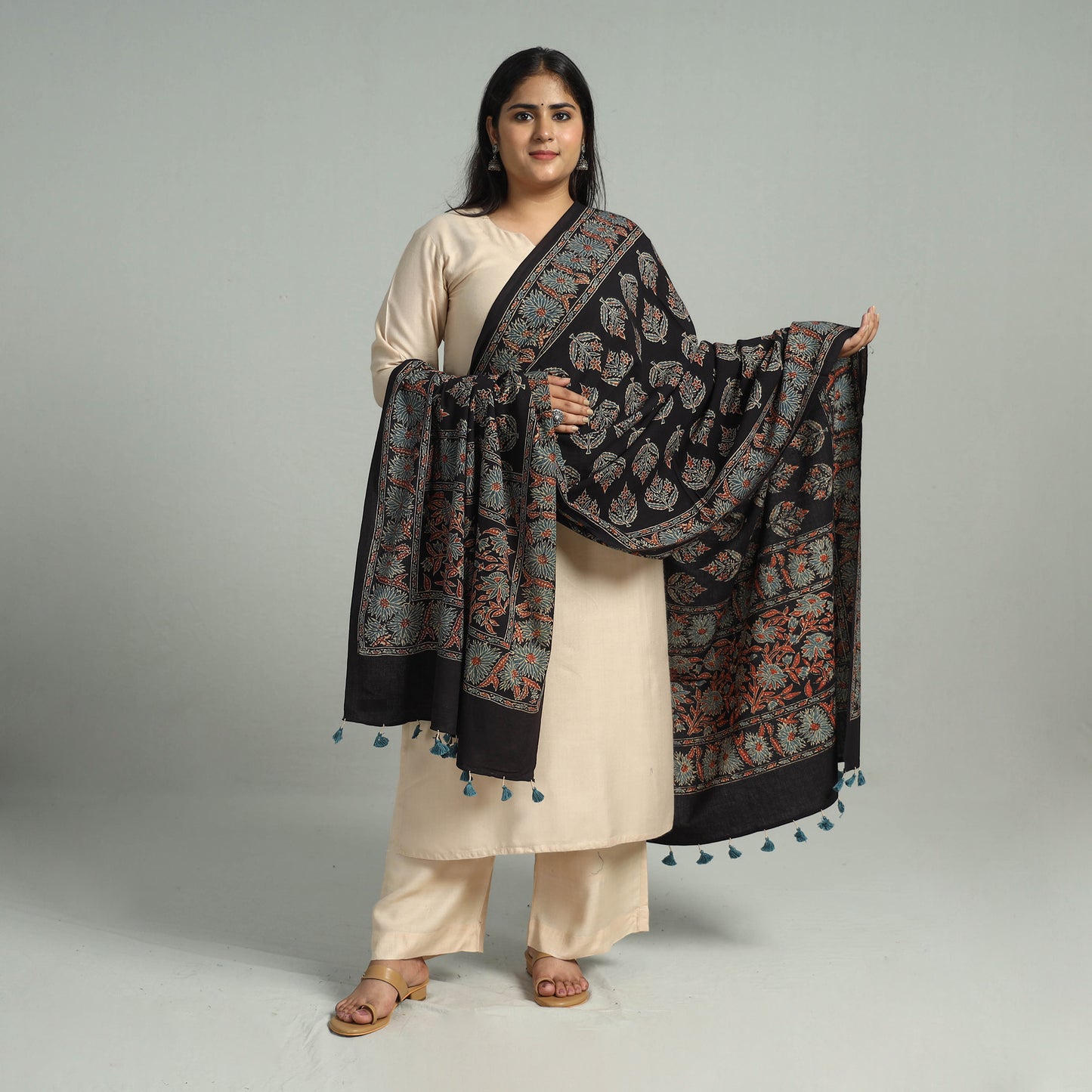 Black - Block Printed Cotton Ajrakh Dupatta with Tassels 11