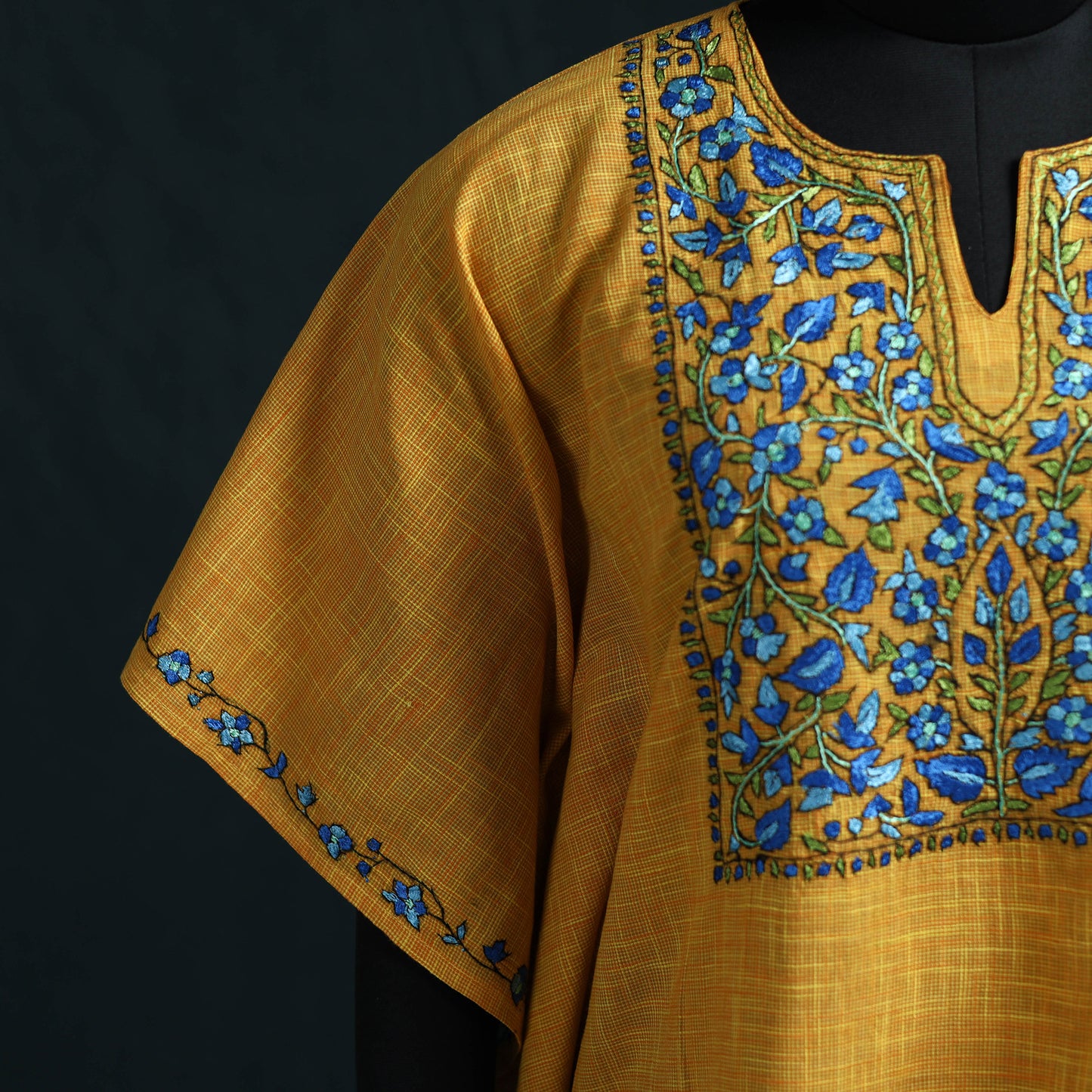 Yellow - Kashmiri Kashida Hand Embroidered Cotton Kaftan (Medium) 21