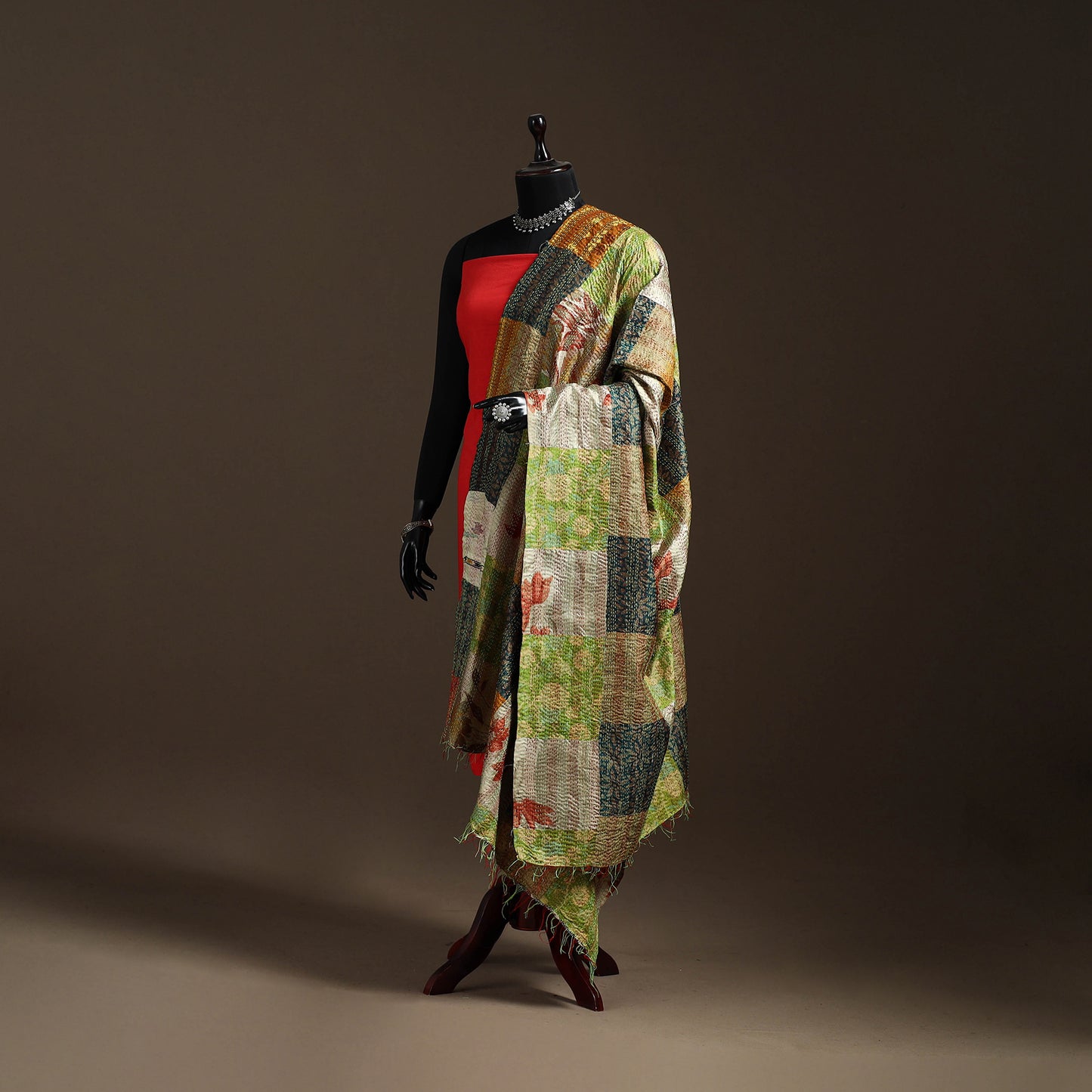 Multicolor - Bengal Hand Embroidery Patchwork Reversible Silk Kantha Dupatta 72