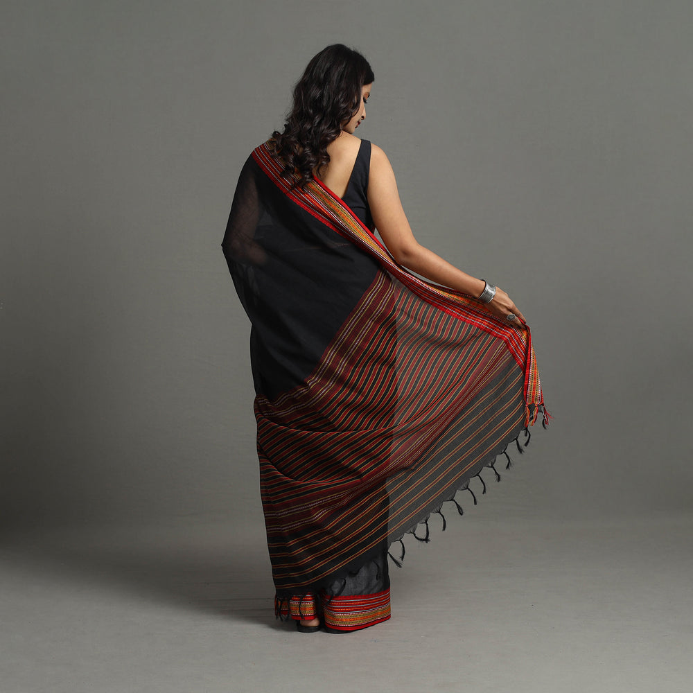 Black - Bengal Handwoven Cotton Plain Begampuri Saree 23