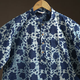 Indigo Bagru Block Print Natural Dyed Cotton Short Men Kurta 07