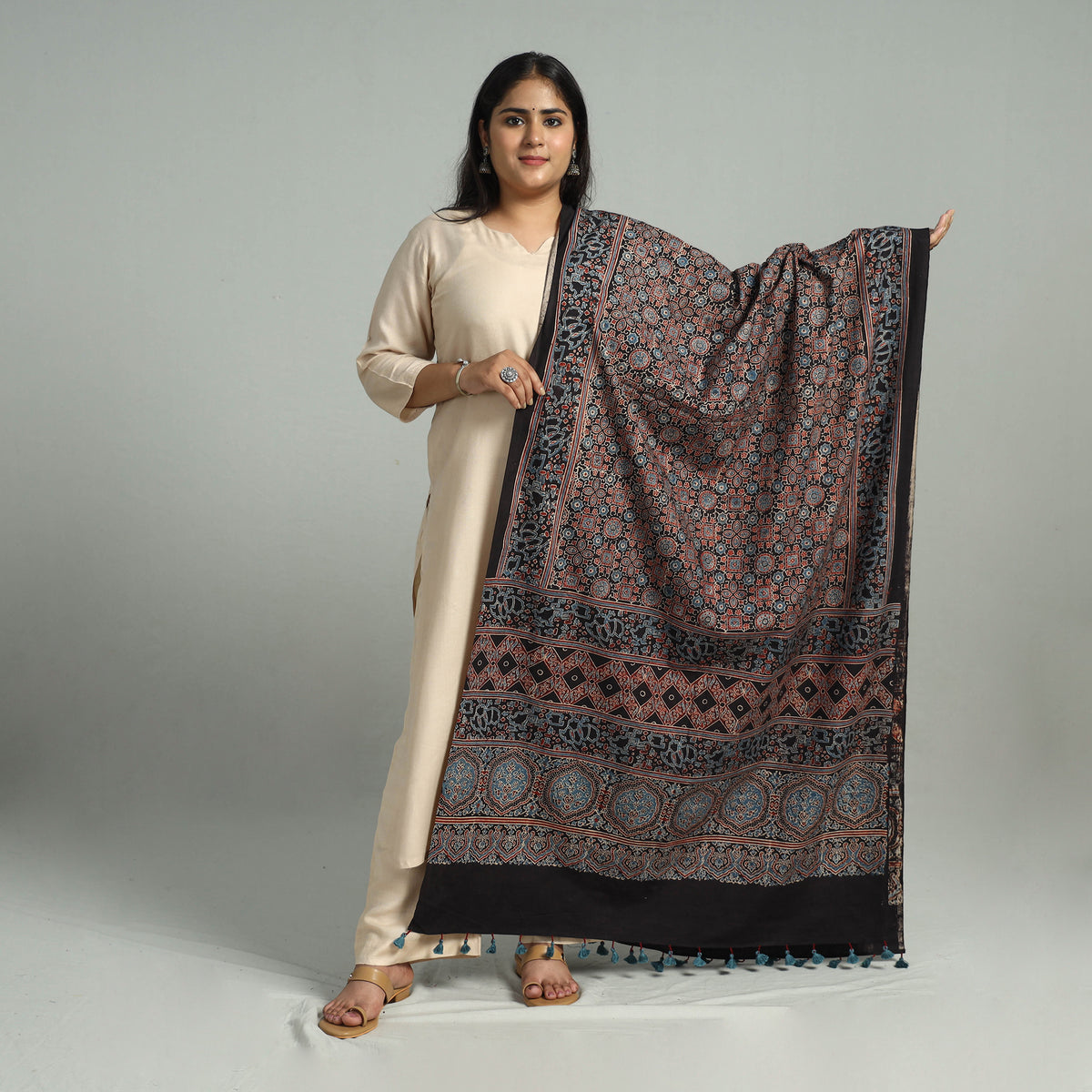 Multicolor - Block Printed Cotton Ajrakh Dupatta with Tassels 12