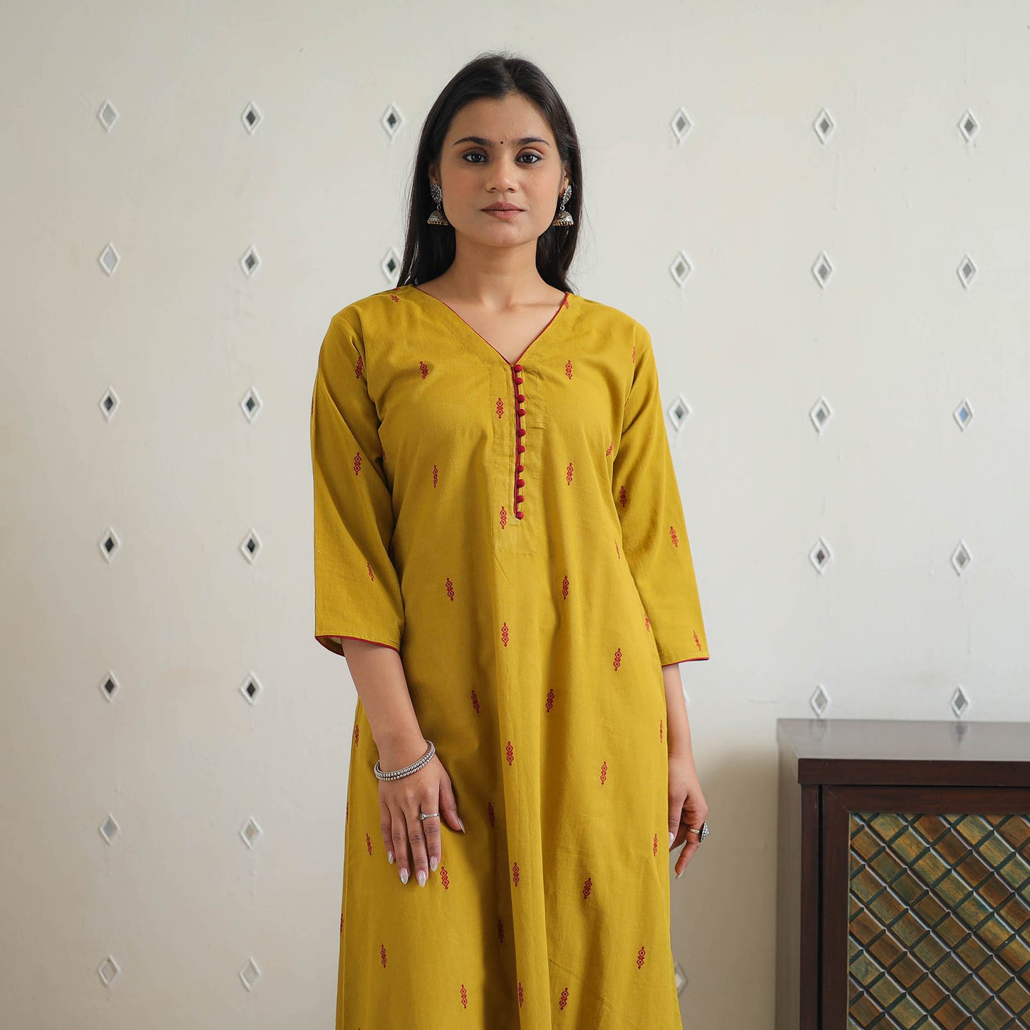 Yellow - Pure Cotton A-Line Jacquard Kurta 08