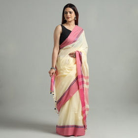 Yellow - bengal woven border handloom pure cotton saree 57