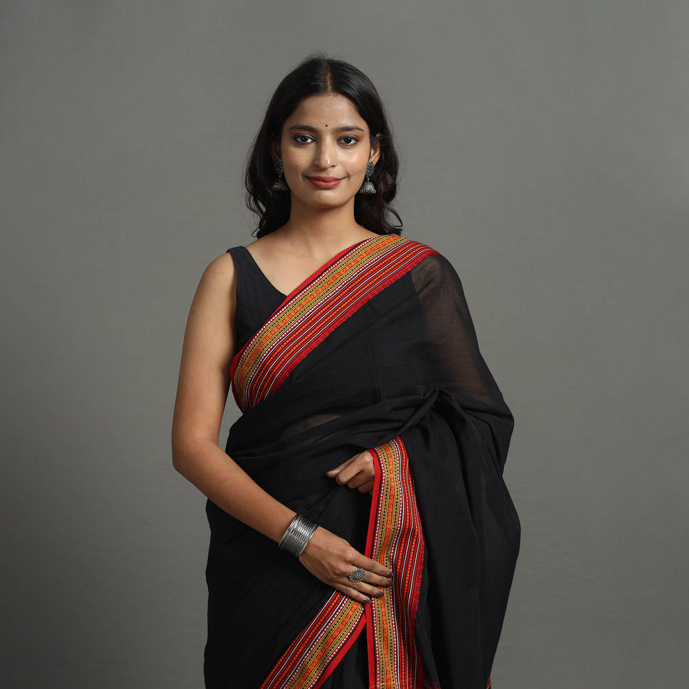 Black - Bengal Handwoven Cotton Plain Begampuri Saree 23