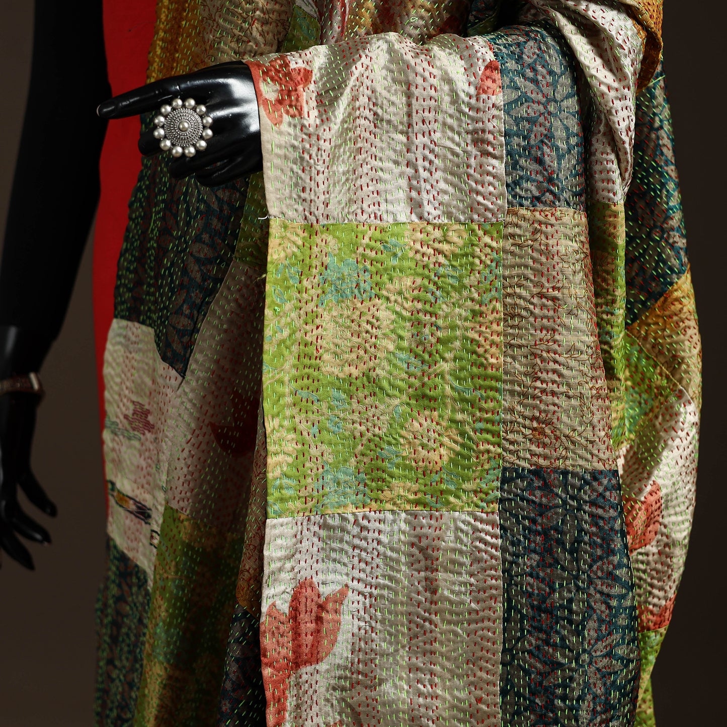 Multicolor - Bengal Hand Embroidery Patchwork Reversible Silk Kantha Dupatta 72