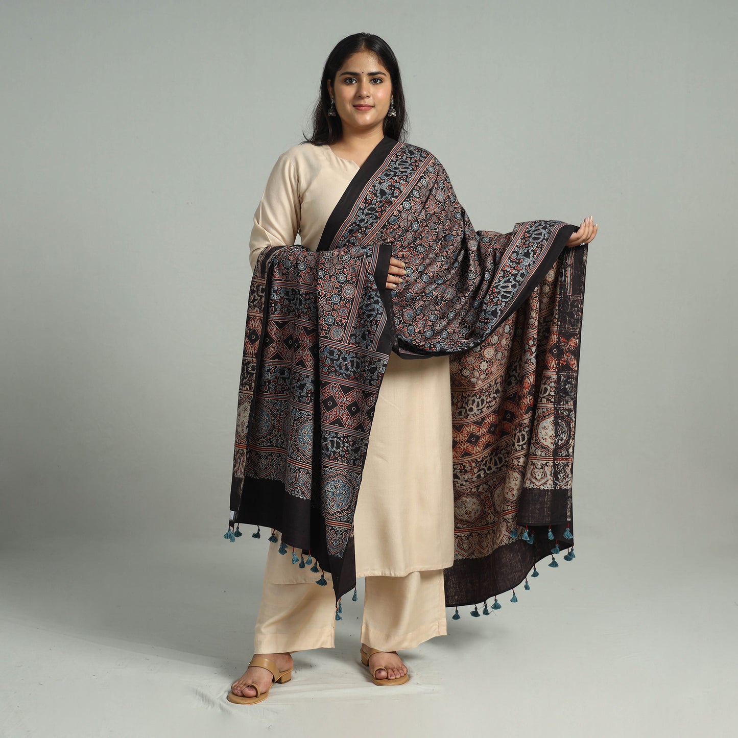 Multicolor - Block Printed Cotton Ajrakh Dupatta with Tassels 12