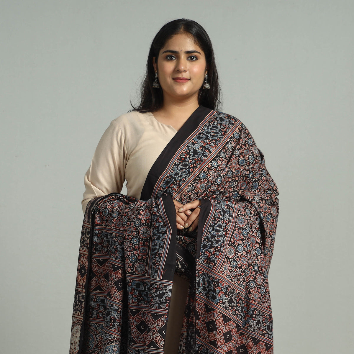 Multicolor - Block Printed Cotton Ajrakh Dupatta with Tassels 12