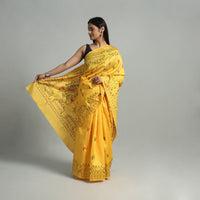 Yellow - Handcrafted Bengal Nakshi Kantha Work Silk Saree 48