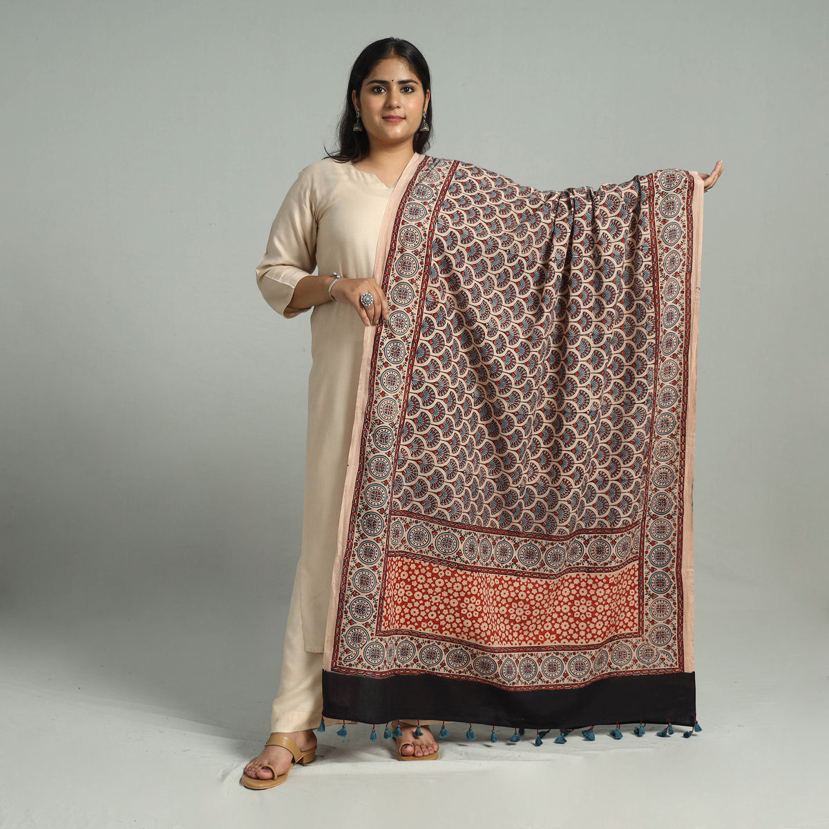 Multicolor - Block Printed Cotton Ajrakh Dupatta with Tassels 13