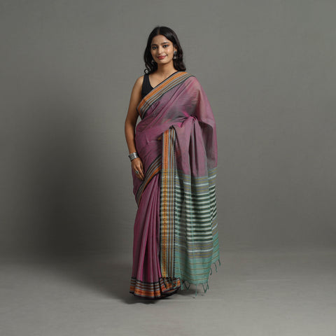 Pink - Bengal Handwoven Cotton Plain Begampuri Saree 24