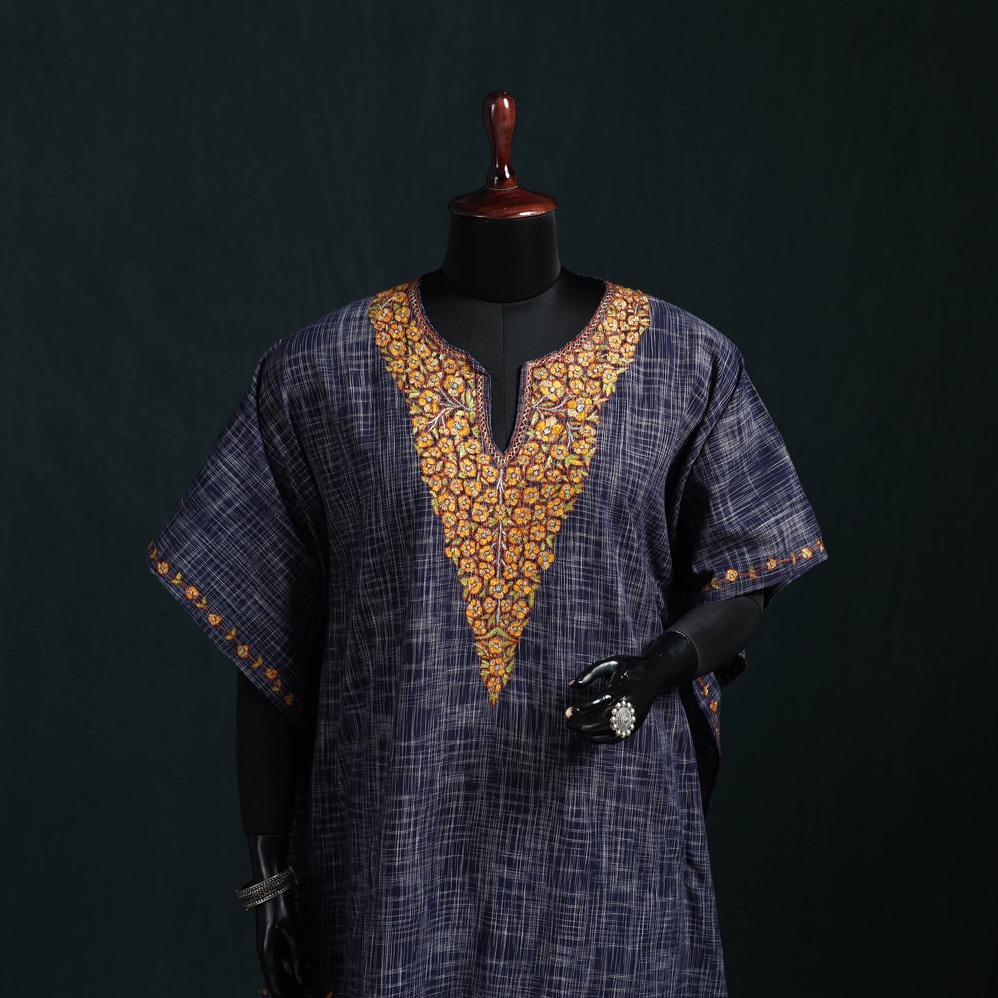 Blue - Kashmiri Kashida Hand Embroidered Cotton Kaftan (Medium) 22