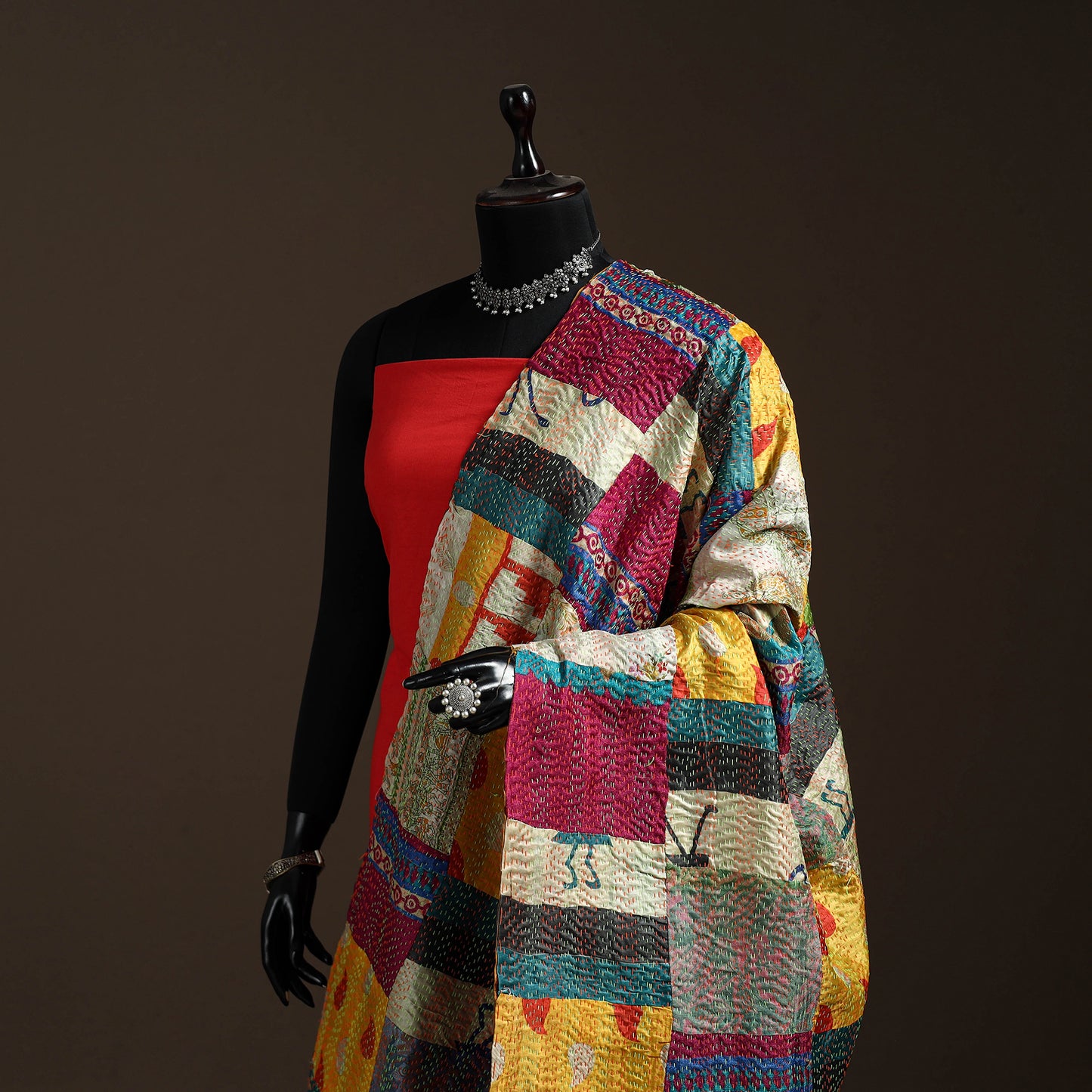 Multicolor - Bengal Hand Embroidery Patchwork Reversible Silk Kantha Dupatta 73