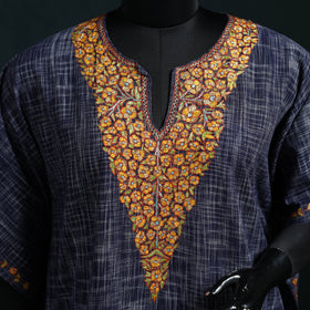 Blue - Kashmiri Kashida Hand Embroidered Cotton Kaftan (Medium) 22