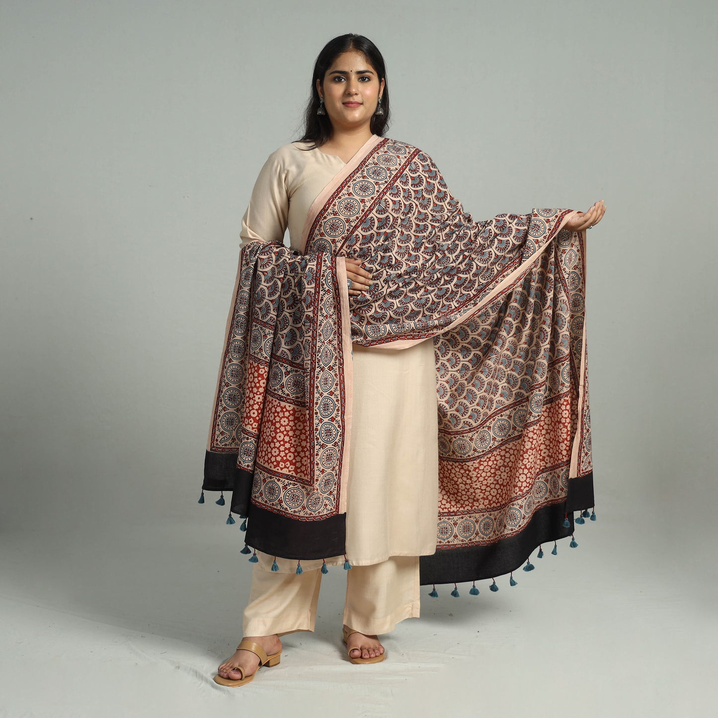 Multicolor - Block Printed Cotton Ajrakh Dupatta with Tassels 13