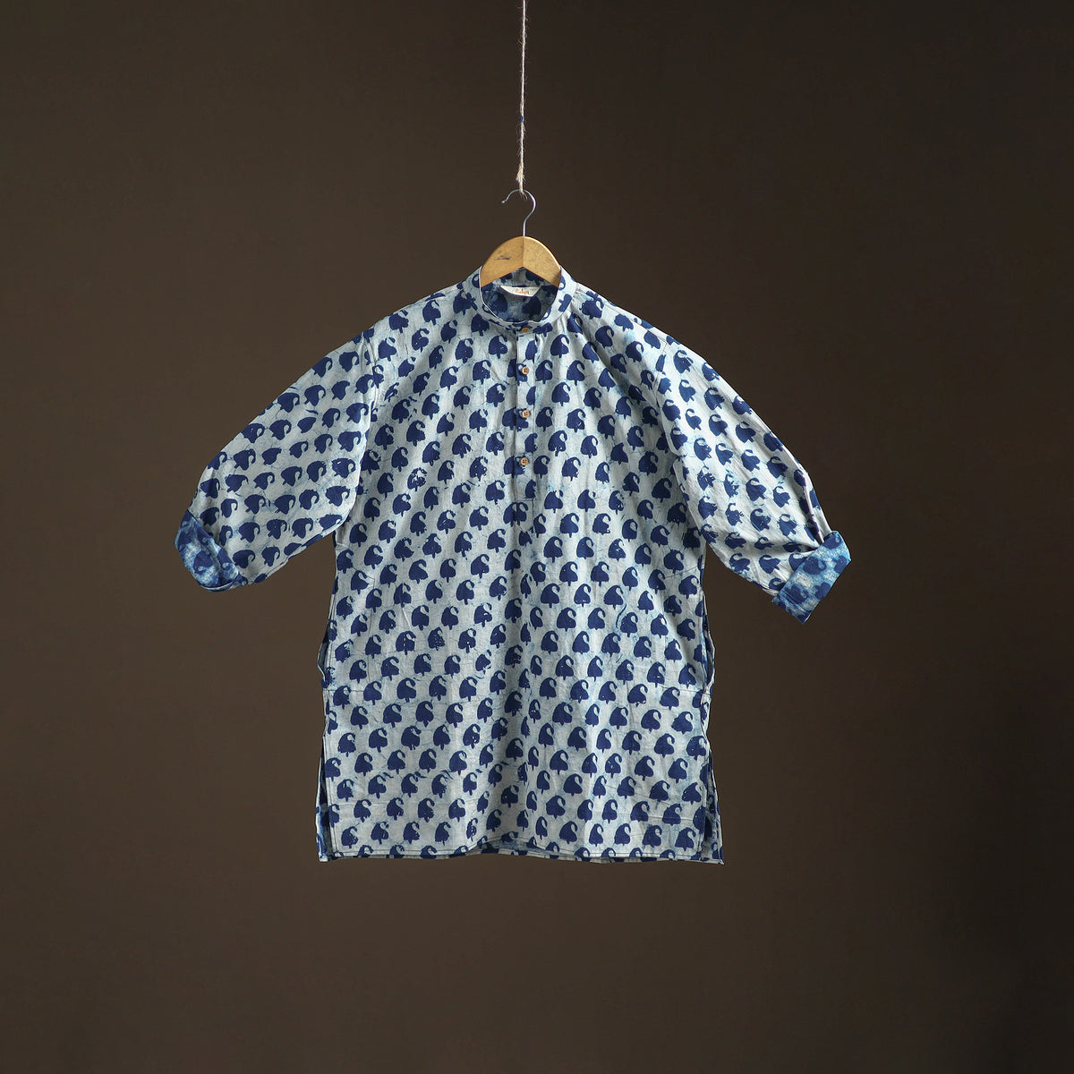 Indigo Bagru Block Print Natural Dyed Cotton Short Men Kurta 05