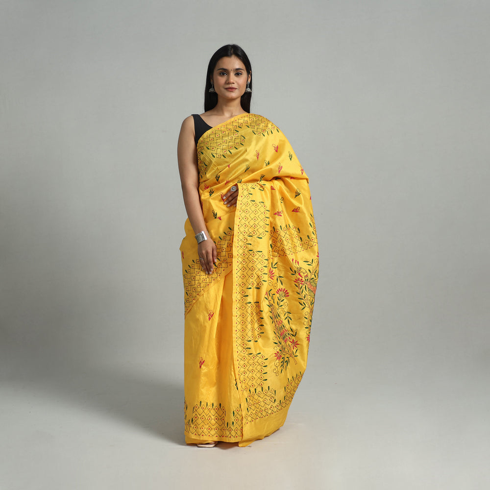 Yellow - Handcrafted Bengal Nakshi Kantha Work Silk Saree 48