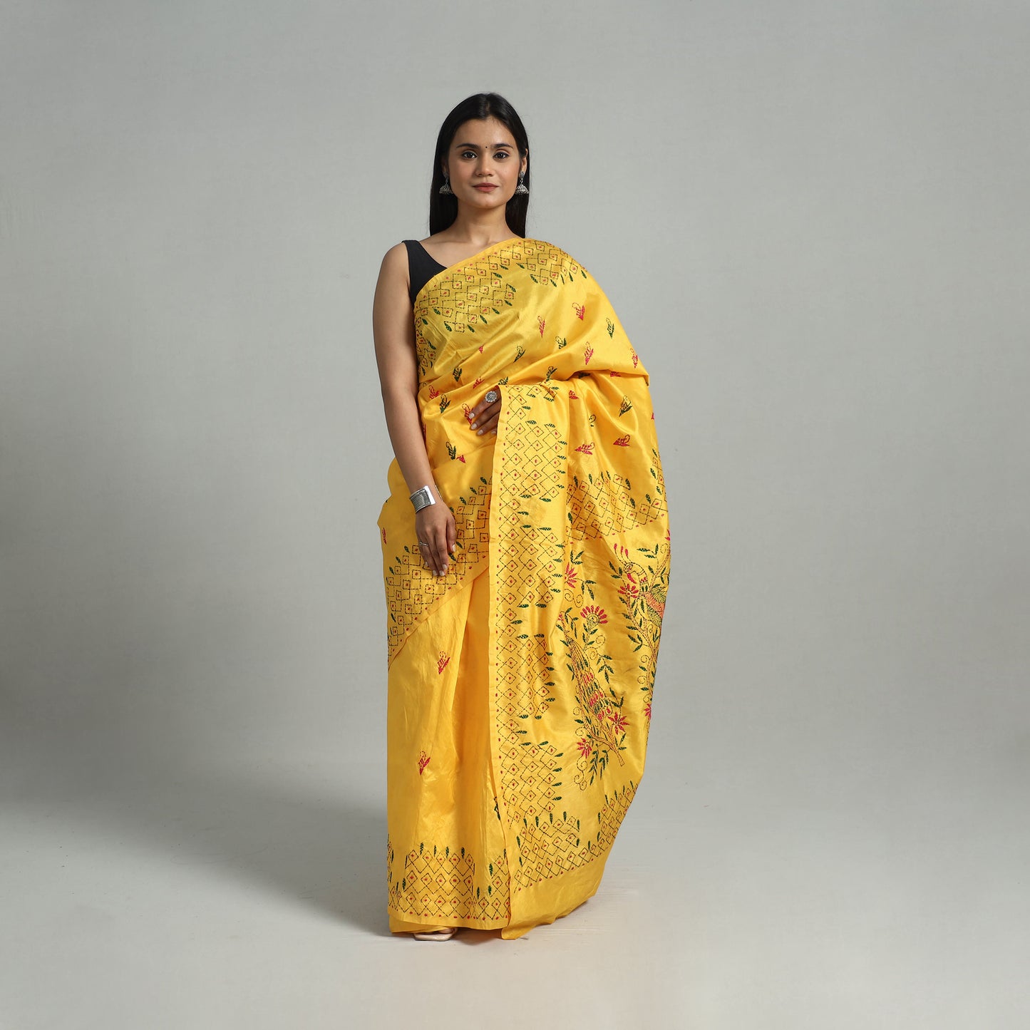 Yellow - Handcrafted Bengal Nakshi Kantha Work Silk Saree 48