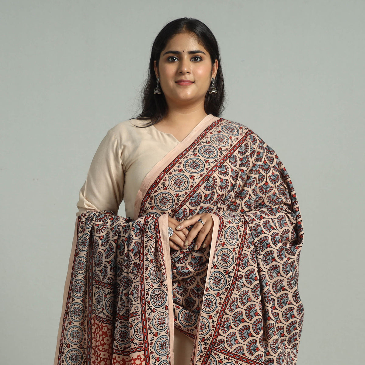 Multicolor - Block Printed Cotton Ajrakh Dupatta with Tassels 13