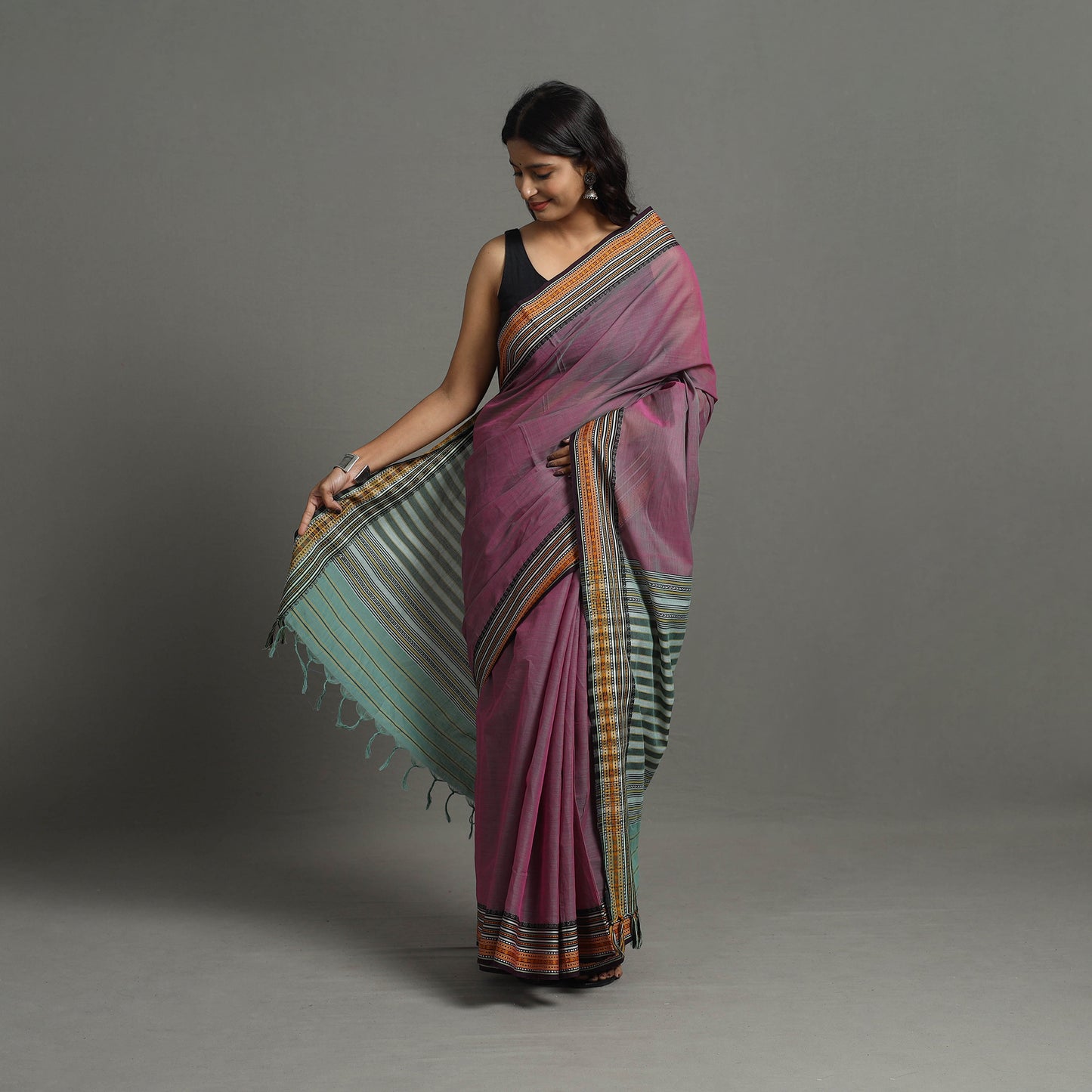 Pink - Bengal Handwoven Cotton Plain Begampuri Saree 24