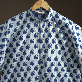 Indigo Bagru Block Print Natural Dyed Cotton Short Men Kurta 05