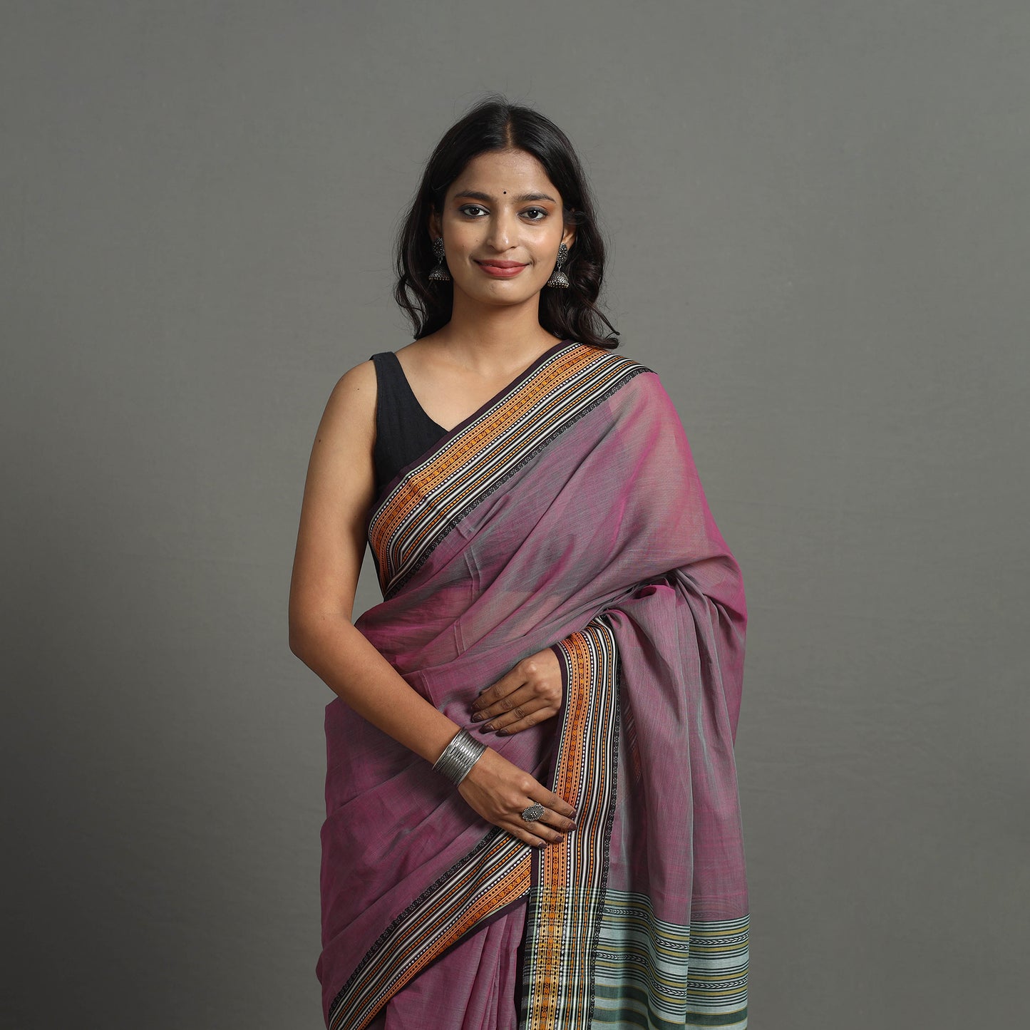 Pink - Bengal Handwoven Cotton Plain Begampuri Saree 24