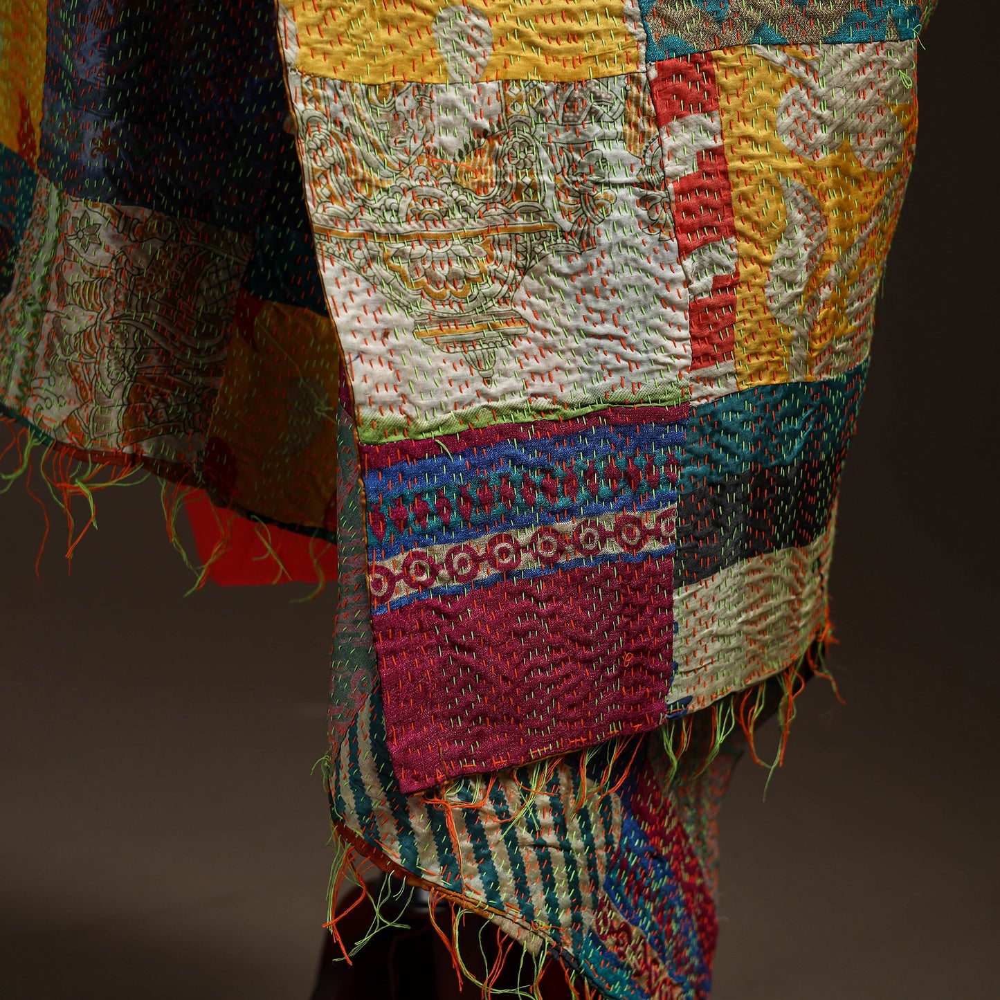 Multicolor - Bengal Hand Embroidery Patchwork Reversible Silk Kantha Dupatta 73