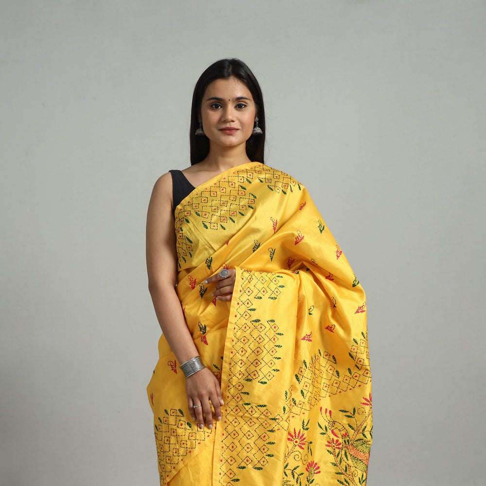 Yellow - Handcrafted Bengal Nakshi Kantha Work Silk Saree 48