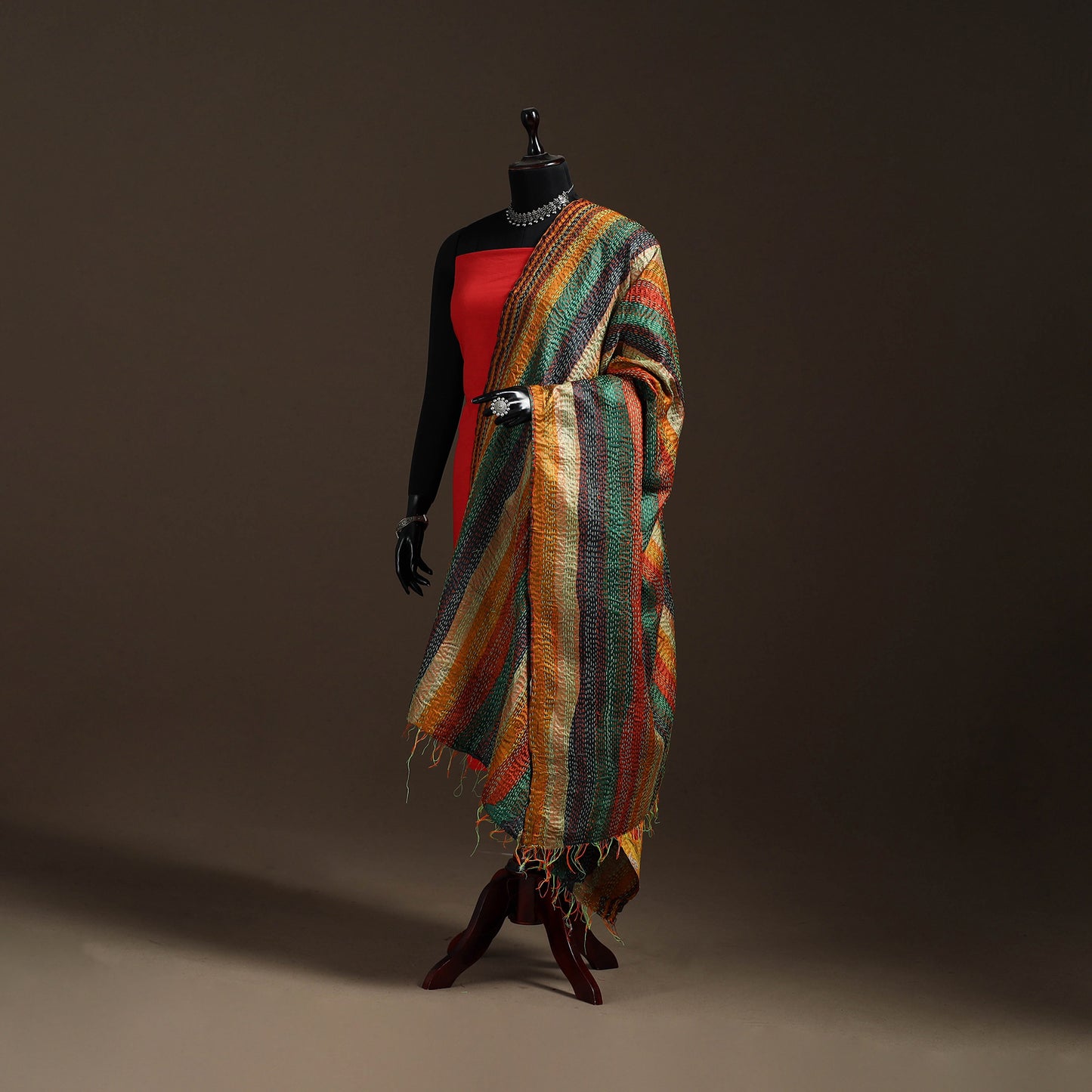 Multicolor - Bengal Hand Embroidery Patchwork Reversible Silk Kantha Dupatta 73