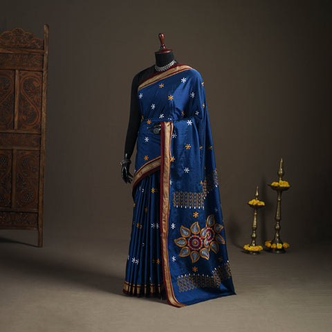 Blue - Mercerised Cotton Silk Embroidered Khun Saree with Blouse Piece 21
