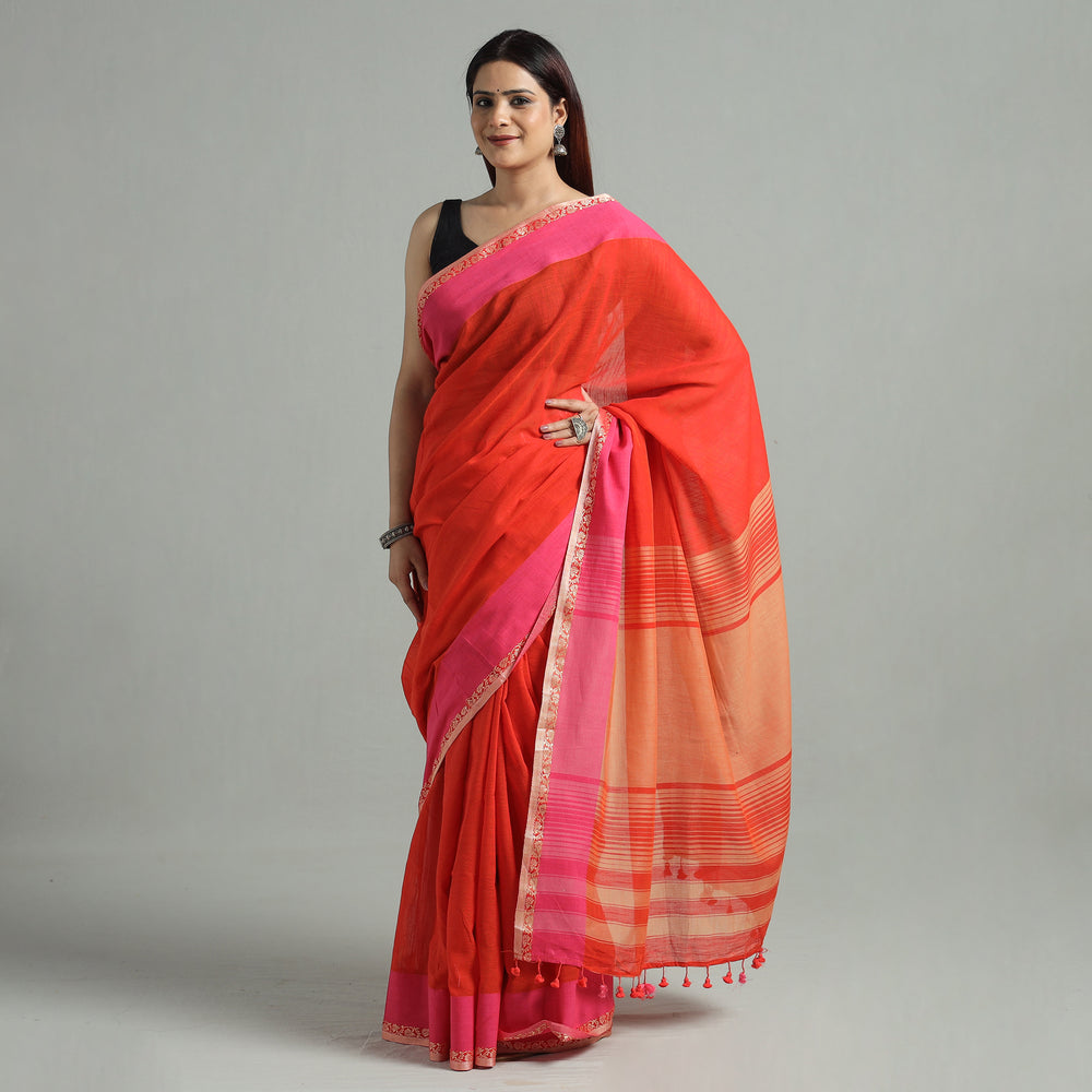 Red - Bengal Woven Border Handloom Pure Cotton Saree 58