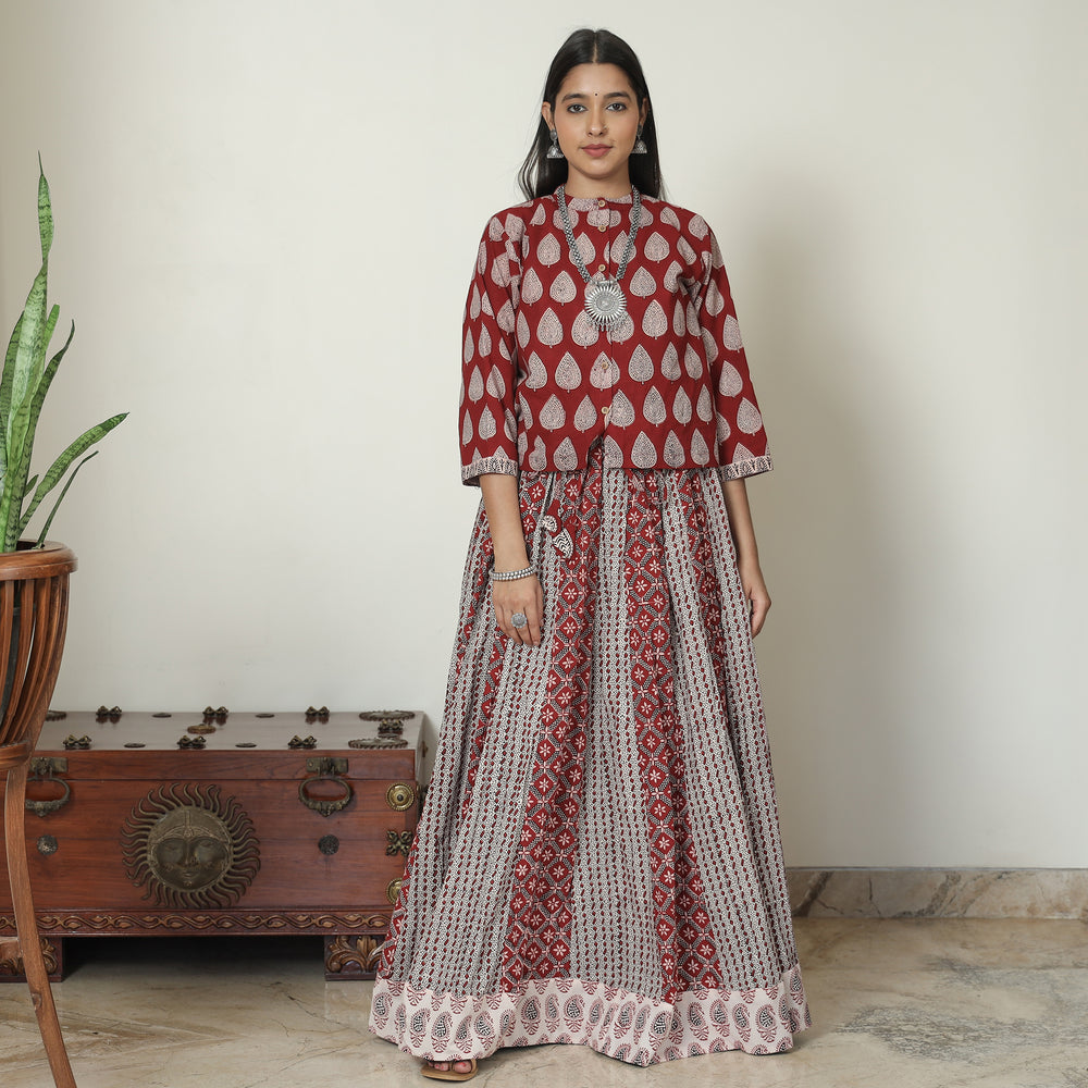 Red - Bagh Block Printed Patchwork Cotton Long Skirt