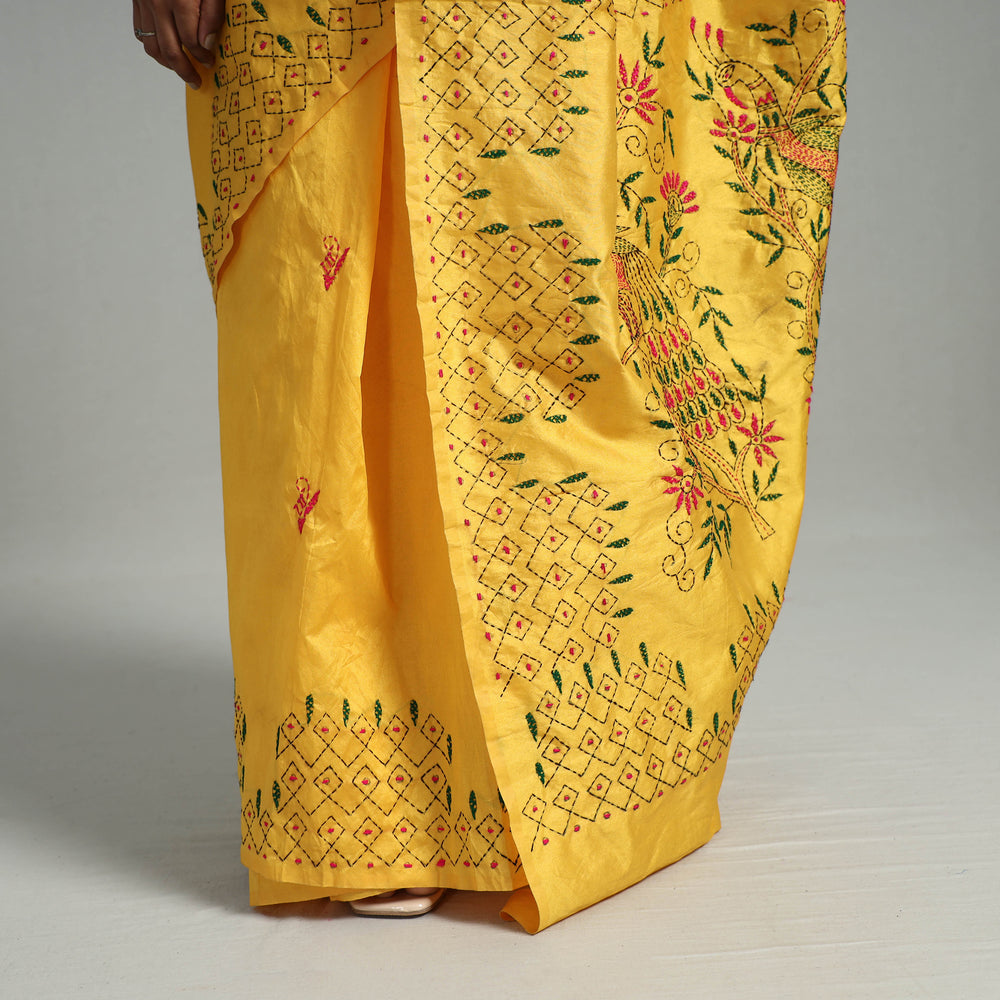 Yellow - Handcrafted Bengal Nakshi Kantha Work Silk Saree 48