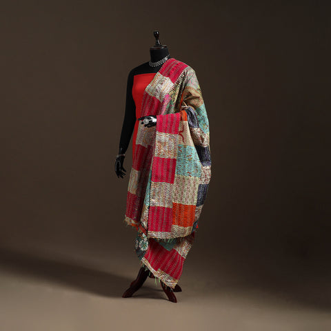Bengal Hand Embroidery Patchwork Reversible Silk Kantha Dupatta 74