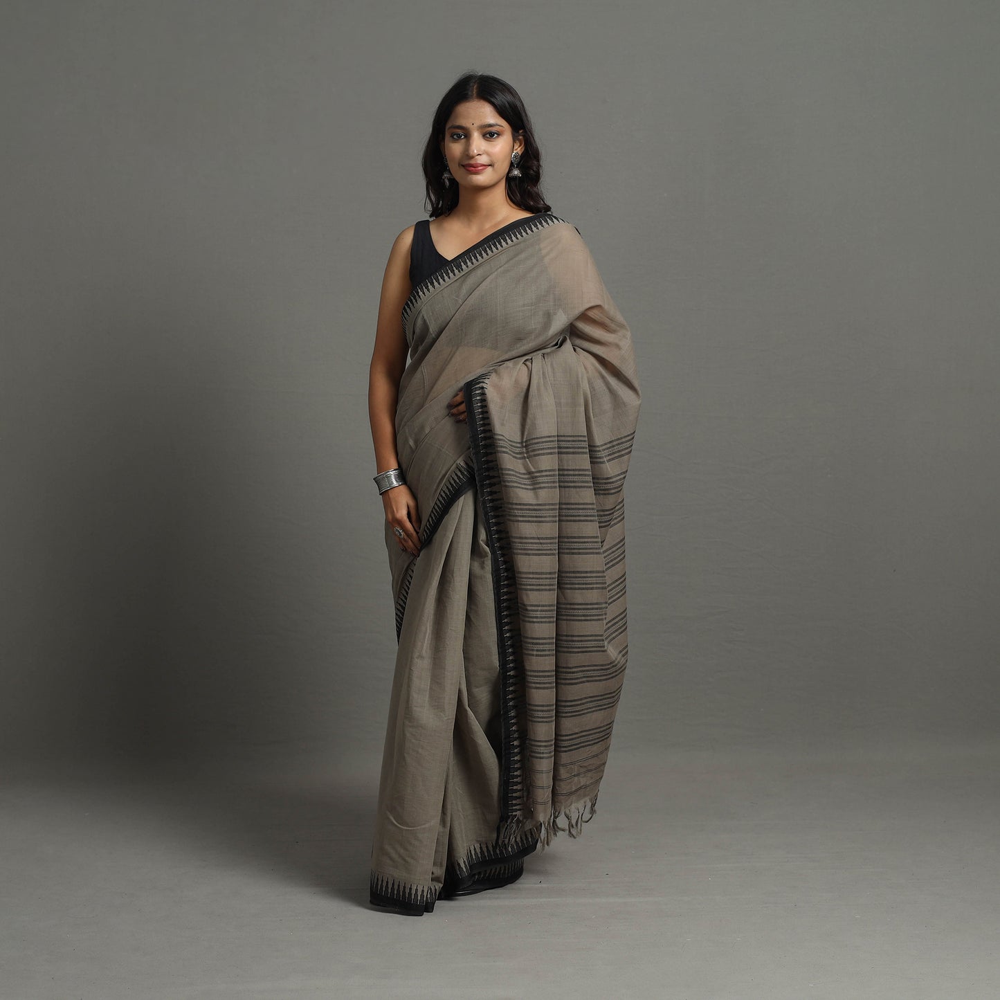 Grey - Bengal Handwoven Cotton Plain Begampuri Saree 25