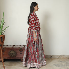 Red - bagh printed patchwork cotton long skirt - handcrafted