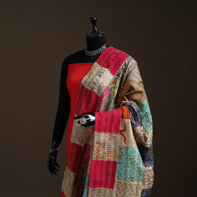 Multicolor - Bengal Hand Embroidery Patchwork Reversible Silk Kantha Dupatta 74