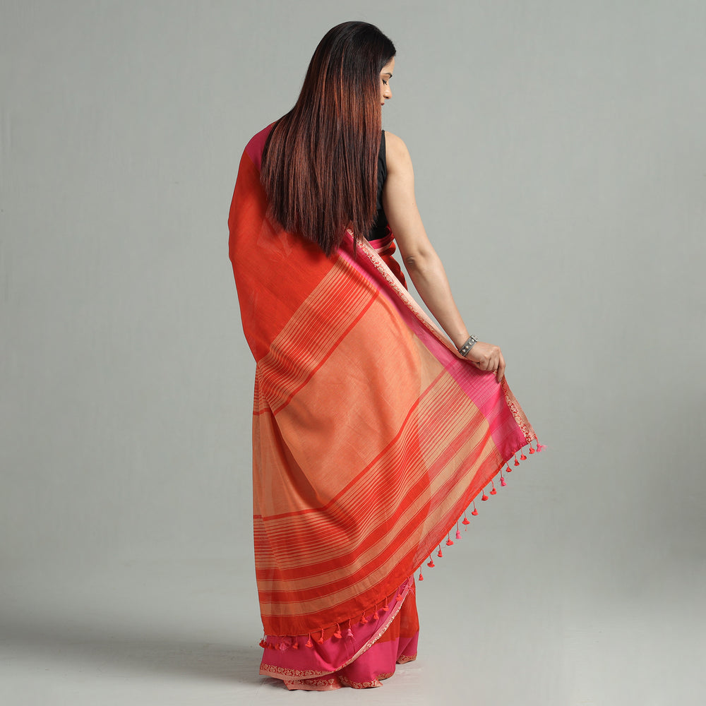 Red - Bengal Woven Border Handloom Pure Cotton Saree 58