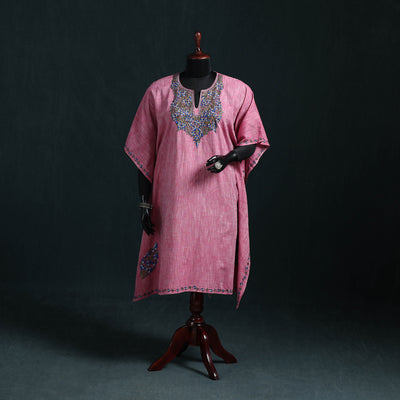 Pink - Kashmiri Kashida Hand Embroidered Cotton Kaftan (Medium) 23