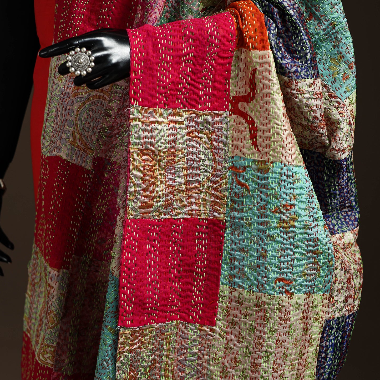 Multicolor - Bengal Hand Embroidery Patchwork Reversible Silk Kantha Dupatta 74