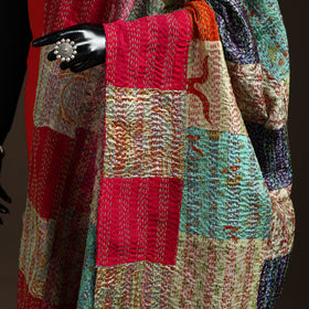 Multicolor - Bengal Hand Embroidery Patchwork Reversible Silk Kantha Dupatta 74