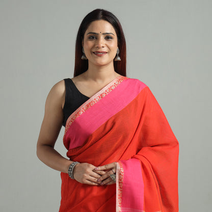 Red - Bengal Woven Border Handloom Pure Cotton Saree 58