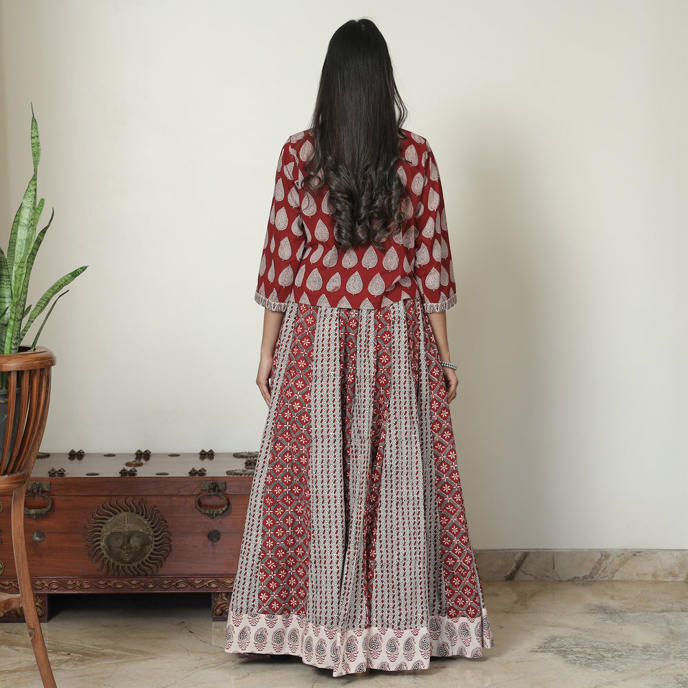 Red - Bagh Block Printed Patchwork Cotton Long Skirt