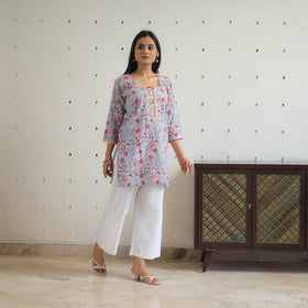 Grey Block Printed Cotton Gota Work Short Sanganeri Kurta for Women