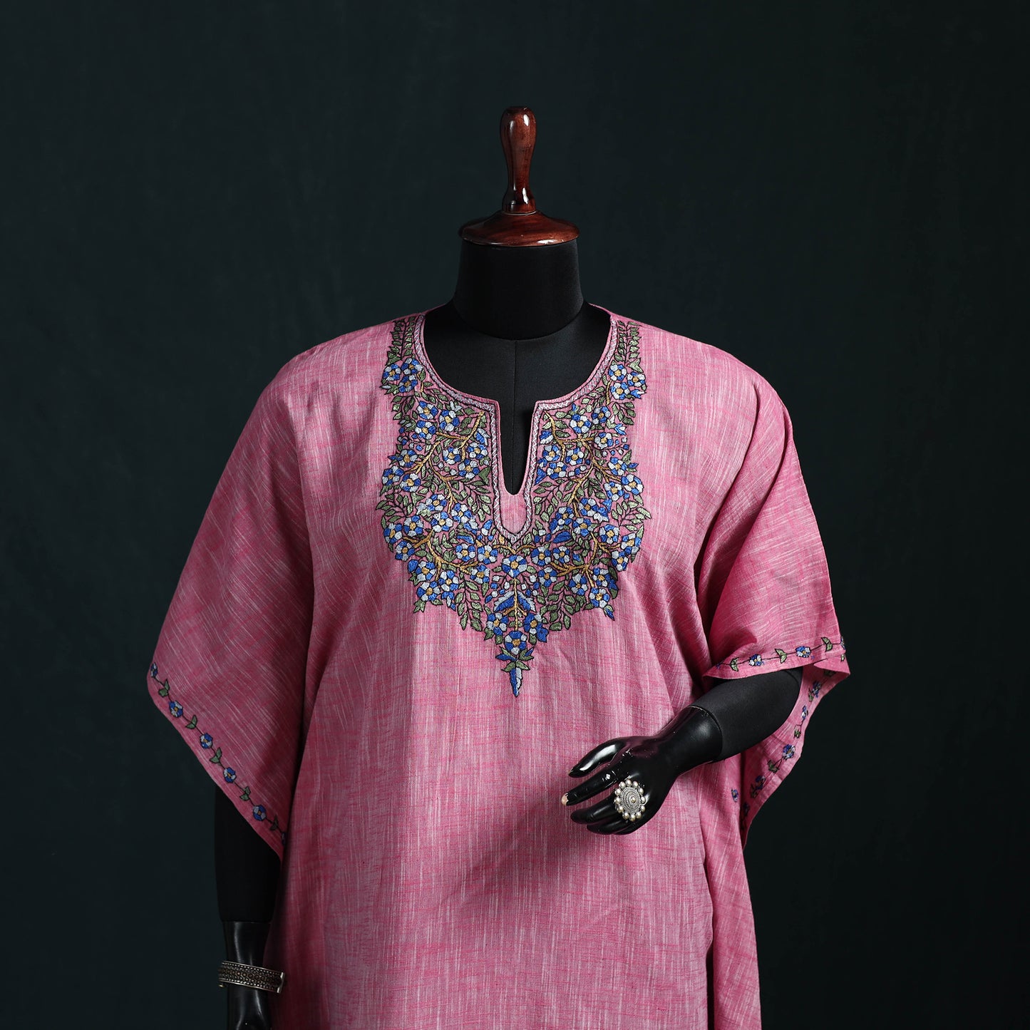 Pink - Kashmiri Kashida Hand Embroidered Cotton Kaftan (Medium) 23