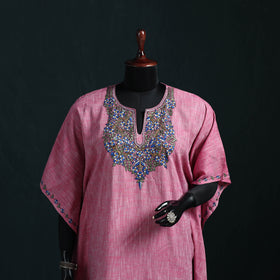 Pink - Kashmiri Kashida Hand Embroidered Cotton Kaftan (Medium) 23